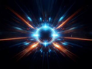 Fototapeta premium A mesmerizing abstract image depicting a glowing circular portal, radiating vibrant orange and blue energy streaks against a dark background, suggesting speed, power, and otherworldly travel.