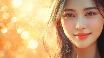 Warm Portrait of a Smiling Oriental Woman with Beautiful Features