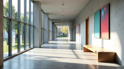 Sunlit Modern Gallery Corridor with Abstract Artwork and Wooden Bench