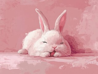 Adorable white bunny rabbit resting on a pink background, eyes closed, tongue slightly out.
