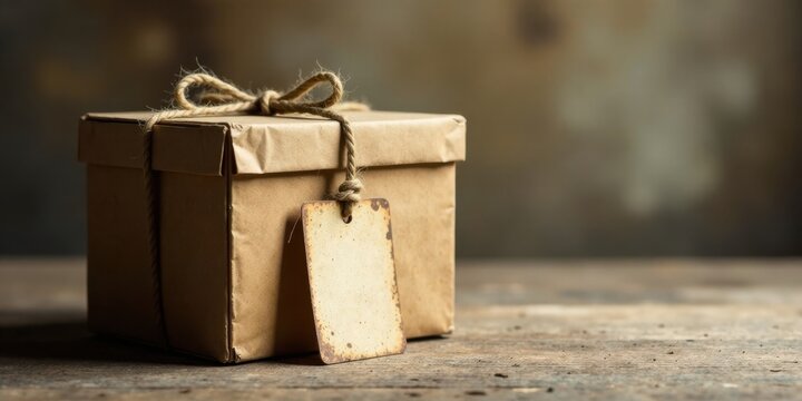 Rustic Brown Gift Box with Blank Tag Tied with Twine on Wooden Surface