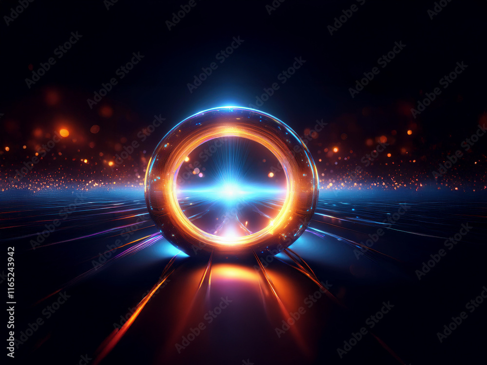 Poster a glowing orb with a bright ring rests on a dark, reflective surface. sparks and lights illuminate t