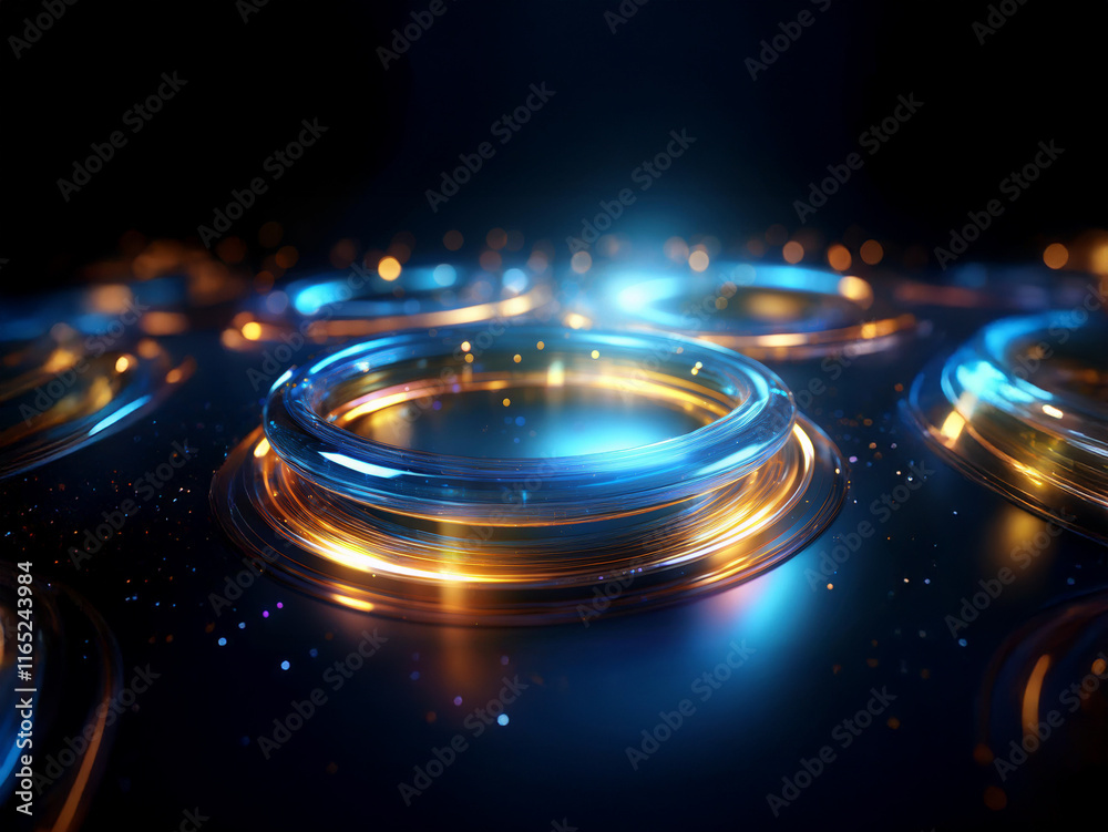 Poster glowing metallic rings on a dark, textured surface. blue and gold light illuminate the scene, creati