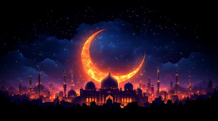 Fiery Crescent Moon Over Illuminated Cityscape Mosque
