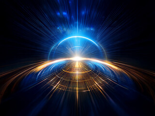 Fototapeta premium Abstract digital art depicting a glowing orb at the center of concentric rings, radiating light and energy. The vibrant colors suggest speed and power.