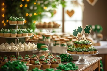 Festive st. patrick's day dessert spread with green cupcakes and clover decorations