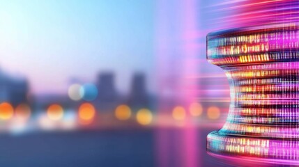 Fototapeta premium Blurred cityscape with bright neon lights and abstract bokeh effect. Futuristic urban night concept.