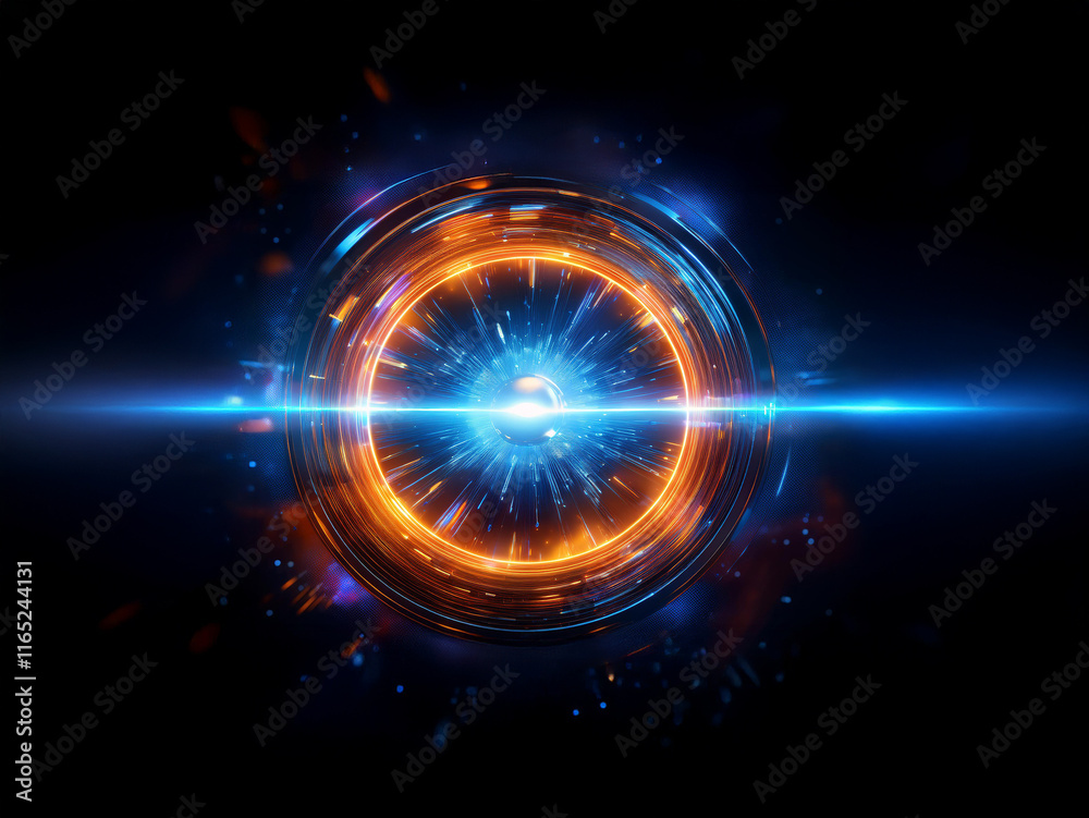 Poster a vibrant circular energy field, glowing intensely with blue and orange light, pulses at its core. s