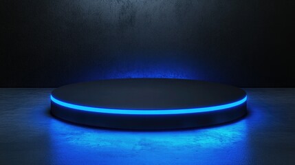  Empty round black and blue neon lights glowing.