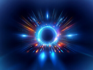 A vibrant, glowing ring encircled by streaks of light, radiating outwards in a burst of energy.  Colors include blue, orange and hints of purple.  The dark background enhances the luminous effect.