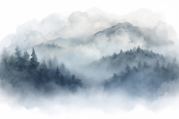 Enigmatic mist shrouding mountains and trees, creating a serene and atmospheric landscape in soft watercolor tones.