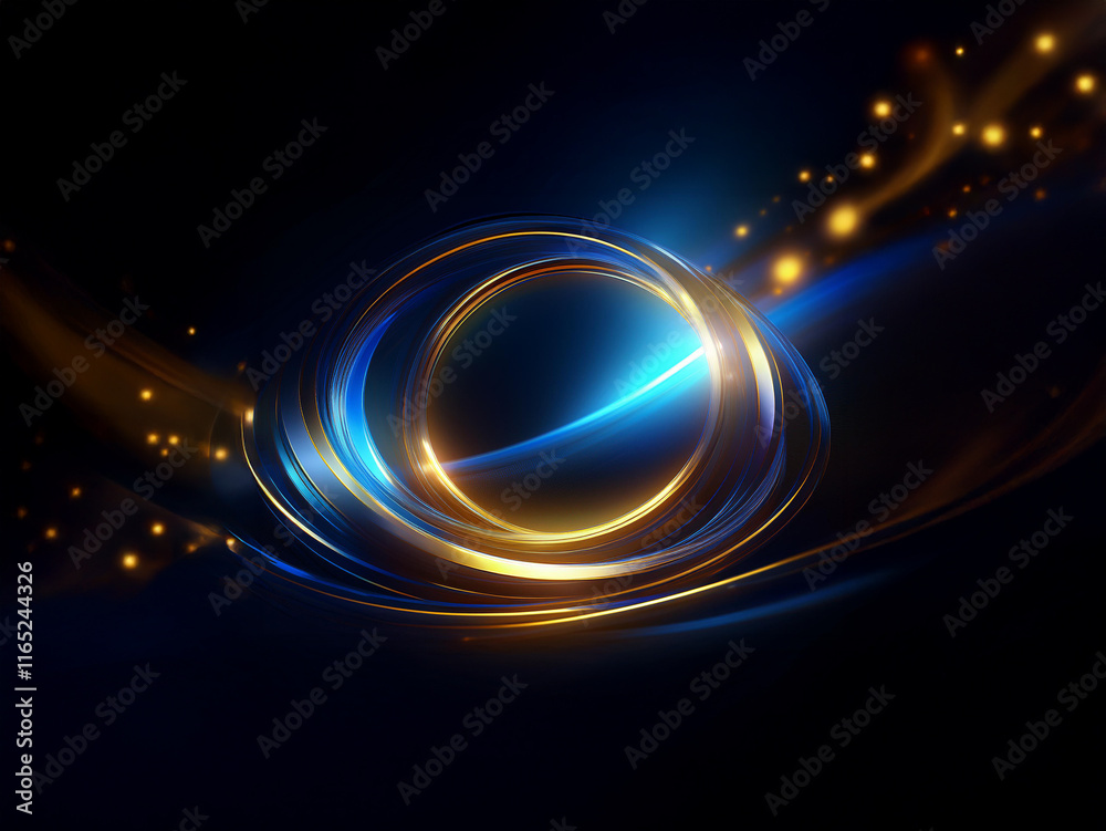 Leinwandbilder Glowing gold and blue ring encircled by swirling light trails on a dark background, creating a sense of energy and movement.  Sparkling particles add to the ethereal effect.