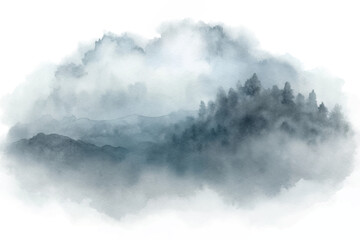 Ethereal mist enveloping distant mountains and trees, creating a dreamy and tranquil landscape in soft hues.