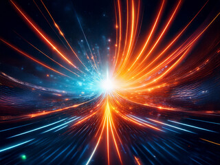 Obraz premium Dynamic abstract artwork depicting a vibrant energy explosion. Contrasting blue and orange light streams converge at a central point, creating a swirling, futuristic effect.