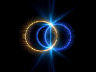 Obraz premium Two luminous rings, gold and blue, intertwine, emitting a brilliant central light against a dark background. The image evokes a sense of connection and energy.