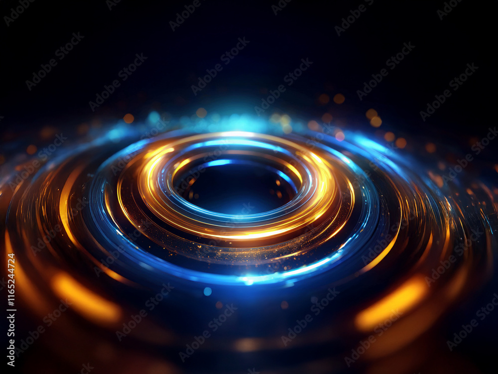 Poster Intricate concentric metallic rings glow with vibrant blue and orange light, creating a mesmerizing, futuristic effect.  Sparkles emanate from the core.