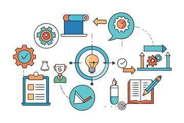 creative educational infographic with circular icons of books, lightbulb, gears, and graphs symbolizing knowledge, progress, and growth