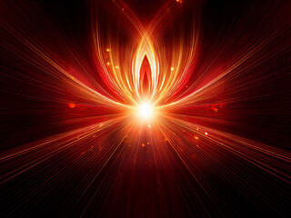 Intense red and orange light bursts from a central point, resembling a stylized flower or flame, radiating outwards against a black background.  The glow is vibrant and dynamic.
