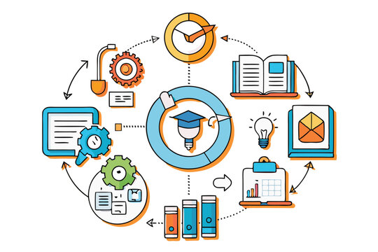 vector illustration of a circular learning cycle featuring books, gears, lightbulb, charts, and icons symbolizing education and innovation