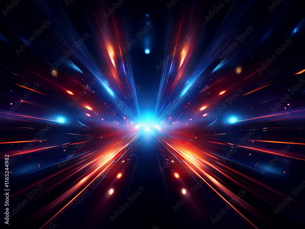 Leinwandbilder A mesmerizing abstract image depicting vibrant streaks of red and blue light converging towards a central point, creating a sense of speed and energy against a dark background.  The light trails sugge
