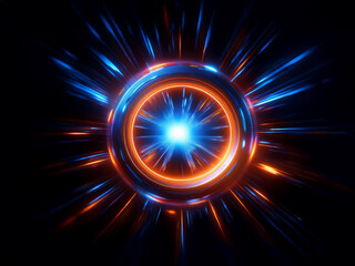 A vibrant, glowing ring with blue and orange energy bursts radiating outwards in a dark, abstract background.  The central light is intensely bright.