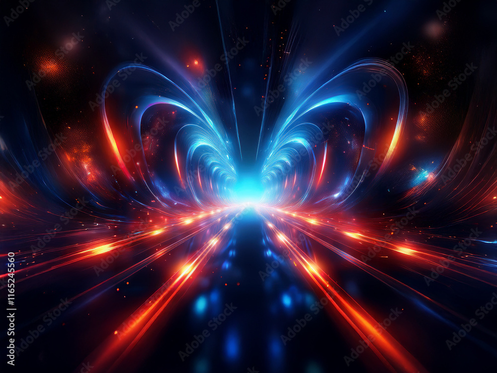 Poster a vibrant, abstract depiction of a glowing, energy-filled tunnel, with streaks of red and blue light