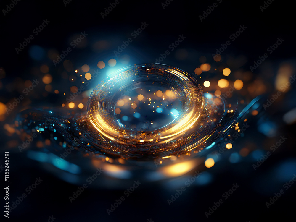 Poster a luminous sphere rests on a dark, swirling liquid surface. golden and blue light emanates, creating
