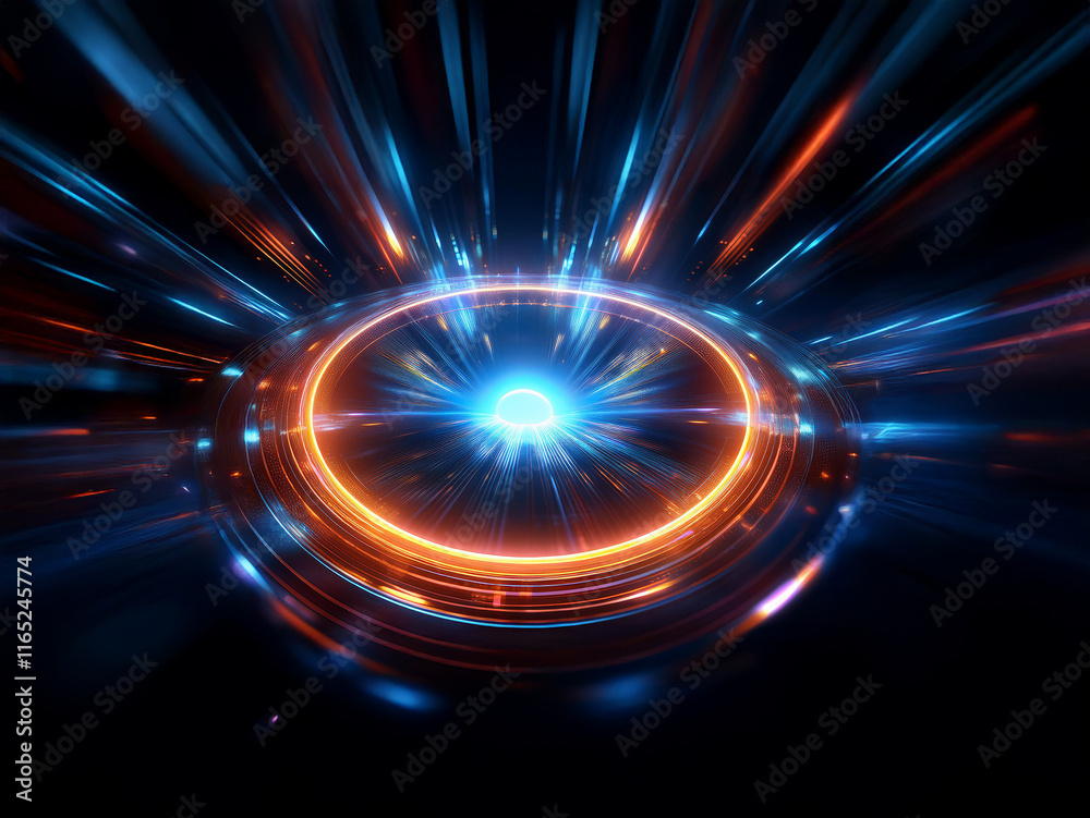 Poster intense blue and orange light beams radiate from a glowing central core, encircled by a metallic rin