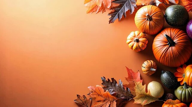 Colorful pumpkins and leaves on orange backdrop