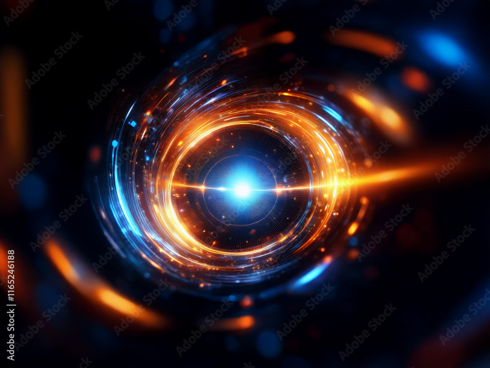 Poster Abstract swirling energy vortex. Glowing blue and orange light trails create a mesmerizing tunnel effect in deep space.  Bright central core radiates intense light.