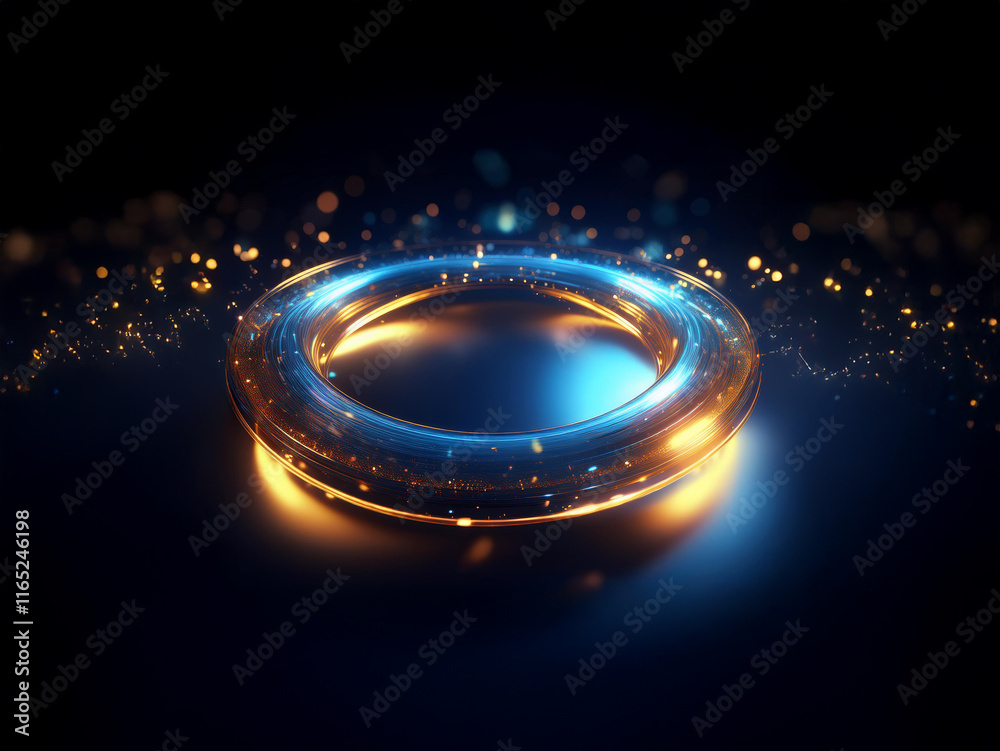 Poster luminous torus, glowing with vibrant blue and orange light, rests on a dark surface amidst sparkling