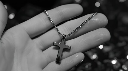 Hand holding a silver cross necklace.