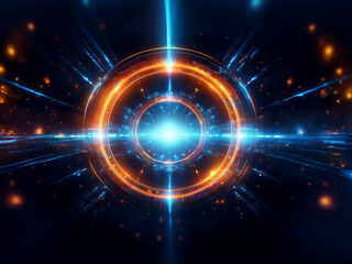 Intricate glowing rings and beams of light converge at a bright center, creating a dynamic and symmetrical abstract artwork.  The dark background enhances the vibrant energy.