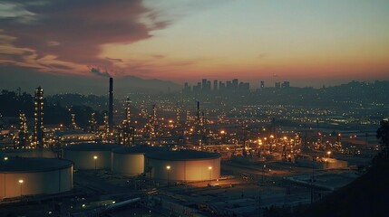 Fototapeta premium Aerial View of Oil Terminal at Night with Vibrant City Background