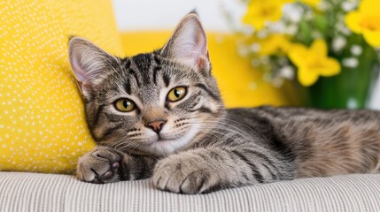 Playful cat relaxing on a cozy sofa with yellow cushions and bouquet indoor setting close-up view pet concept