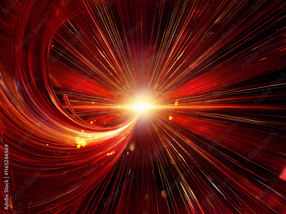 Poster Intense burst of red and gold light emanating from a central point, creating a dynamic, swirling energy effect against a dark background.  The image evokes feelings of power and motion.