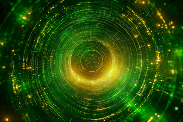 Obraz premium Dynamic background dominated by green with yellow flashes. TV game wheel effect in the centre of the image.