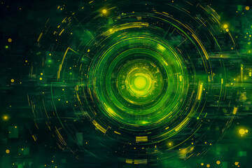 Fototapeta premium Dynamic background dominated by green with yellow flashes. TV game wheel effect in the centre of the image.