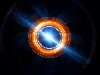 A vibrant, glowing ring of orange and blue light emanates energy, set against a dark background.  Bright beams radiate outwards, creating a dynamic, almost cosmic feel.