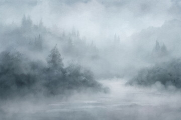 A tranquil river flows through a misty forest, creating a serene and peaceful atmosphere.