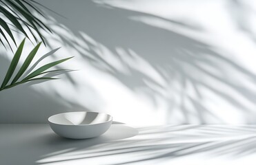 White background with palm leaves and shadows, spring background