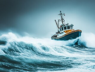 Naklejka premium Fishing boat or ship on sea or ocean water.