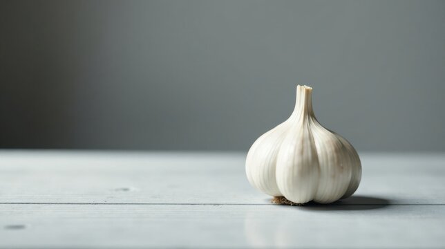 Single bulb of garlic on rustic wood surface