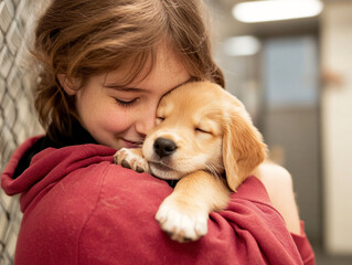 Little Girl Hugging a Puppy Adopted from Animal Shelter