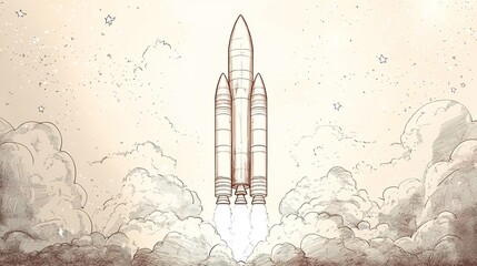 Obraz premium hand-drawn sketch of rocket preparing for liftoff framed by simple linework clouds and blurred stars