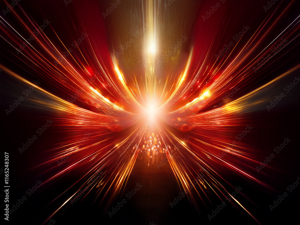 Poster a vibrant, abstract artwork depicting a radiant burst of red and orange light, emanating from a cent