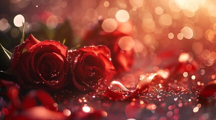 Valentine day backdrop featuring red roses and a red ribbon resting on an object surrounded by sparkling elements