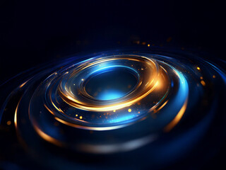 Abstract image of concentric glowing rings, blue and gold, swirling in dark space with glittering particles.  Suggests energy, motion, and technology.