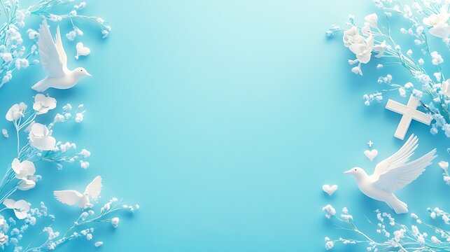 White doves flowers and cross on blue background