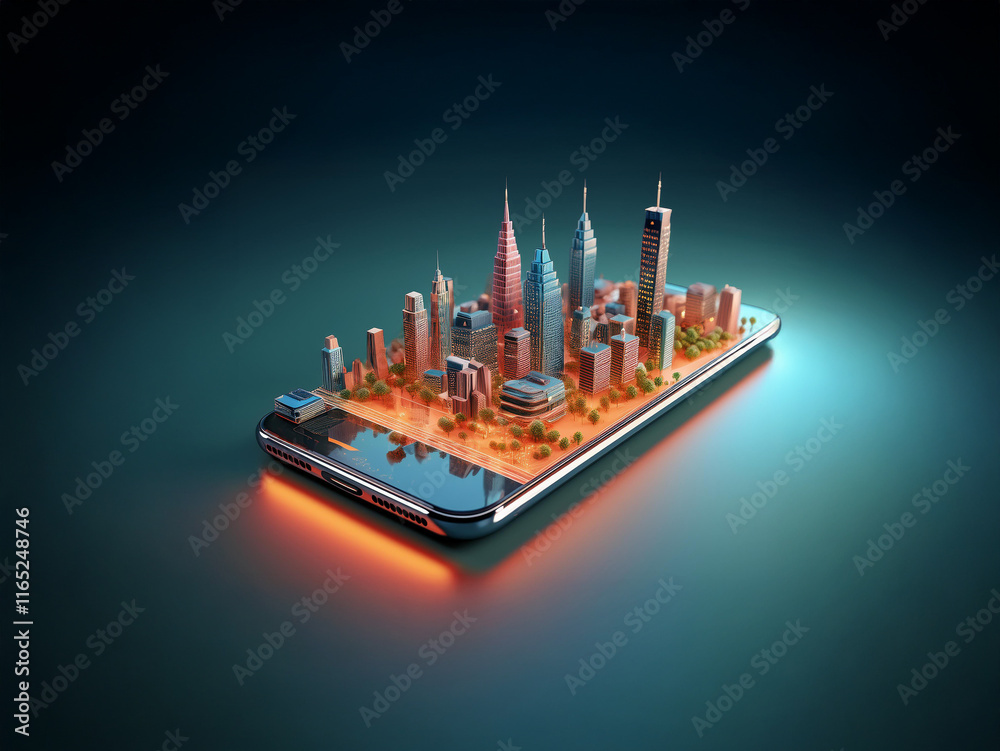 Poster a miniature cityscape sits atop a sleek smartphone, illuminated by a warm orange glow against a dark